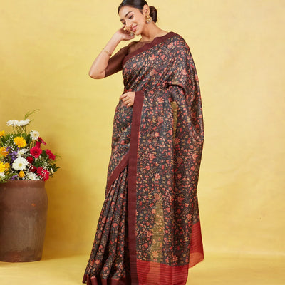 Dark Grey Handloom Tussar Silk Saree With Printed With Floral Motifs