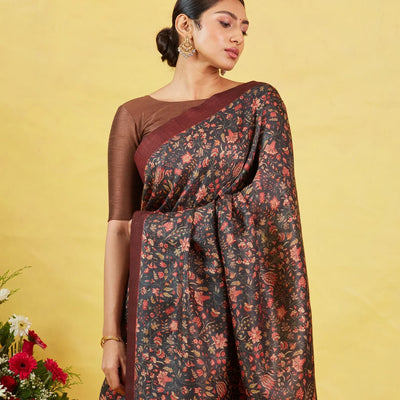 Dark Grey Handloom Tussar Silk Saree With Printed With Floral Motifs