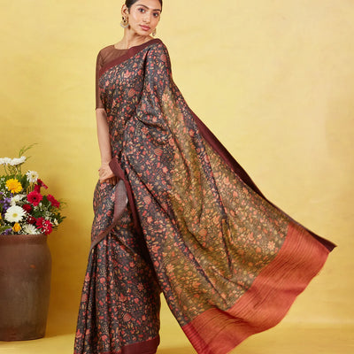 Dark Grey Handloom Tussar Silk Saree With Printed With Floral Motifs