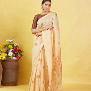 Sandal Handwoven Linen Saree With Printed Flower Motifs
