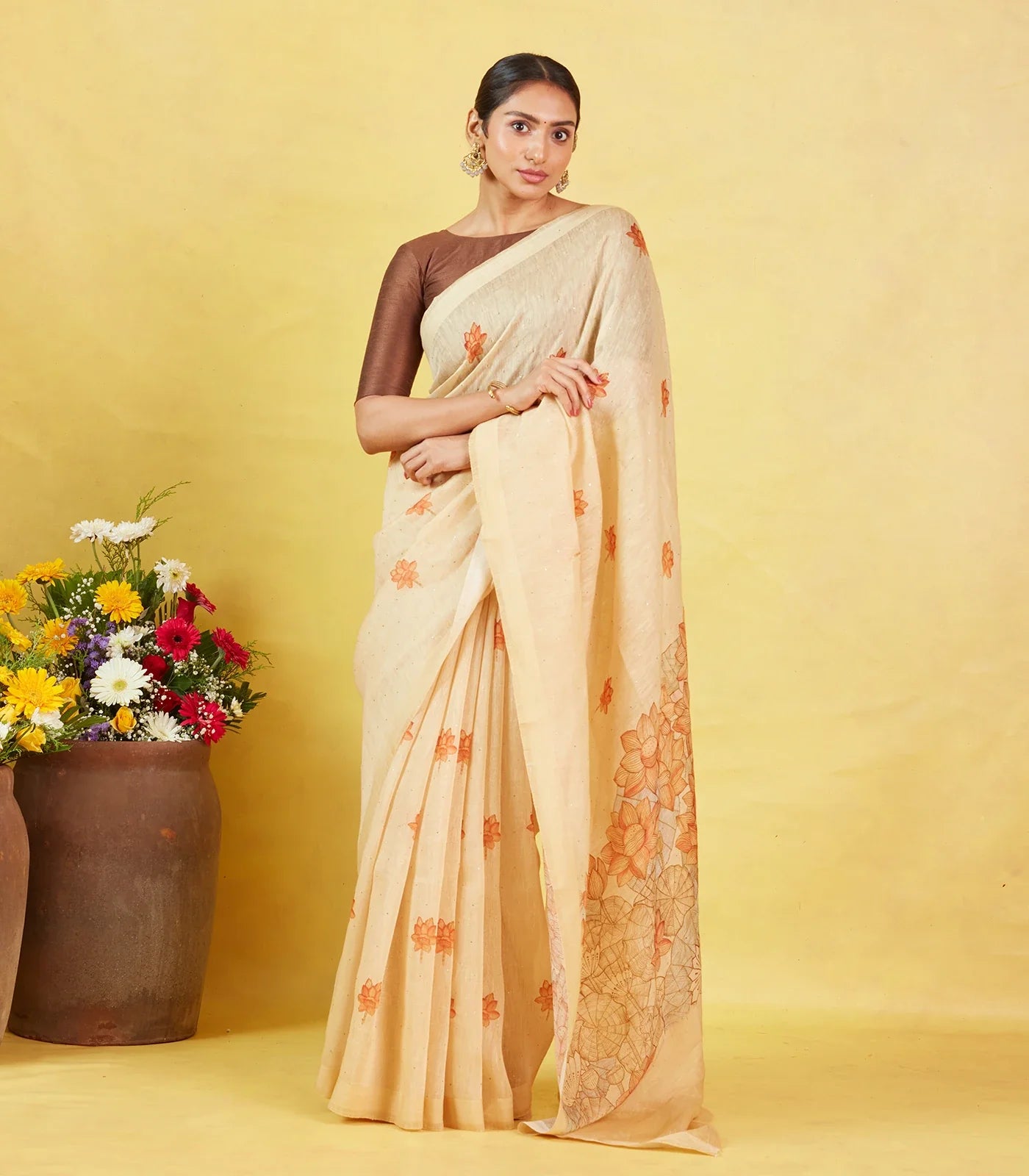 Sandal Handwoven Linen Saree With Printed Flower Motifs