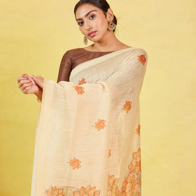 Sandal Handwoven Linen Saree With Printed Flower Motifs