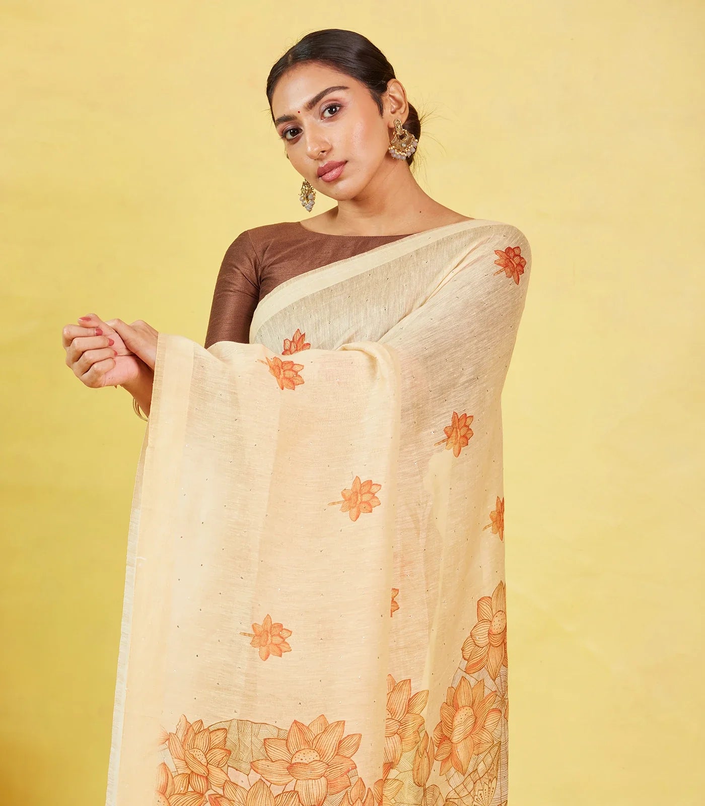 Sandal Handwoven Linen Saree With Printed Flower Motifs