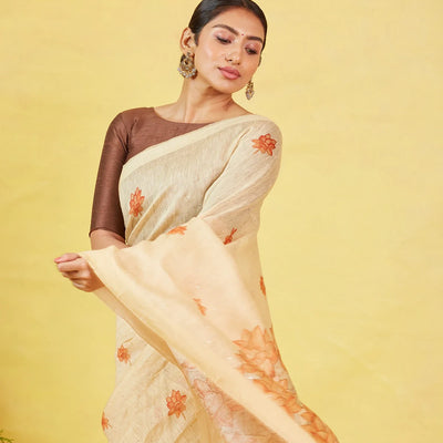 Sandal Handwoven Linen Saree With Printed Flower Motifs