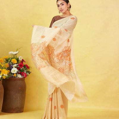Sandal Handwoven Linen Saree With Printed Flower Motifs