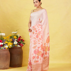 Baby Pink Handwoven Linen Saree Printed With Floral Motifs