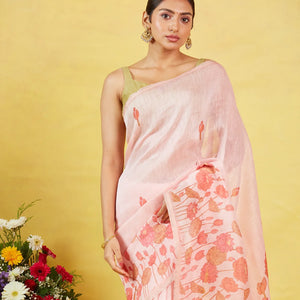 Baby Pink Handwoven Linen Saree Printed With Floral Motifs