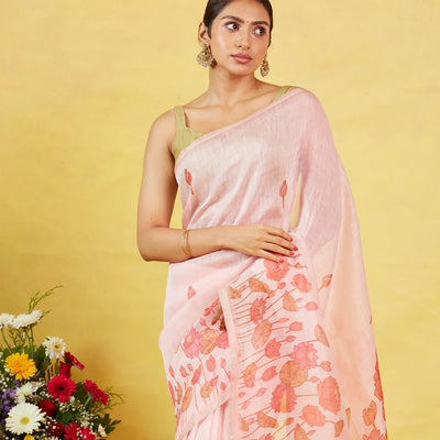 Baby Pink Handwoven Linen Saree Printed With Floral Motifs
