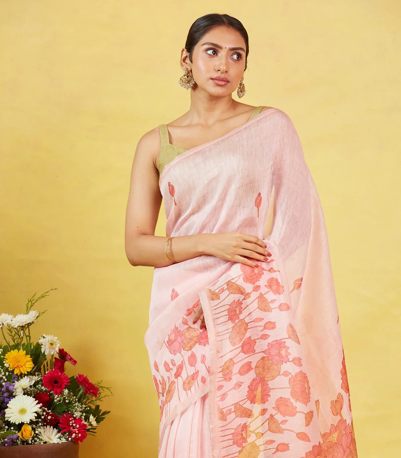 Baby Pink Handwoven Linen Saree Printed With Floral Motifs