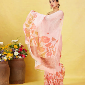 Baby Pink Handwoven Linen Saree Printed With Floral Motifs