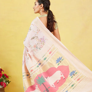White Crepe Silk Saree Is Printed With Floral Motifs & Paithani Pallu
