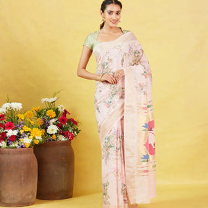 White Crepe Silk Saree Is Printed With Floral Motifs & Paithani Pallu