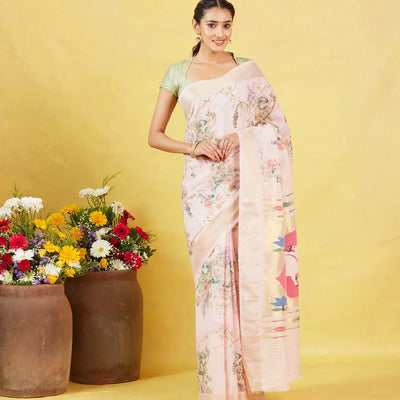 White Crepe Silk Saree Is Printed With Floral Motifs & Paithani Pallu