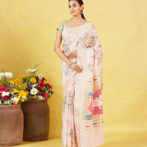 White Crepe Silk Saree Is Printed With Floral Motifs & Paithani Pallu