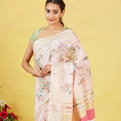 White Crepe Silk Saree Is Printed With Floral Motifs & Paithani Pallu