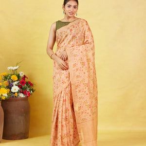 Beige Handwoven Linen Saree Printed With Floral Motifs