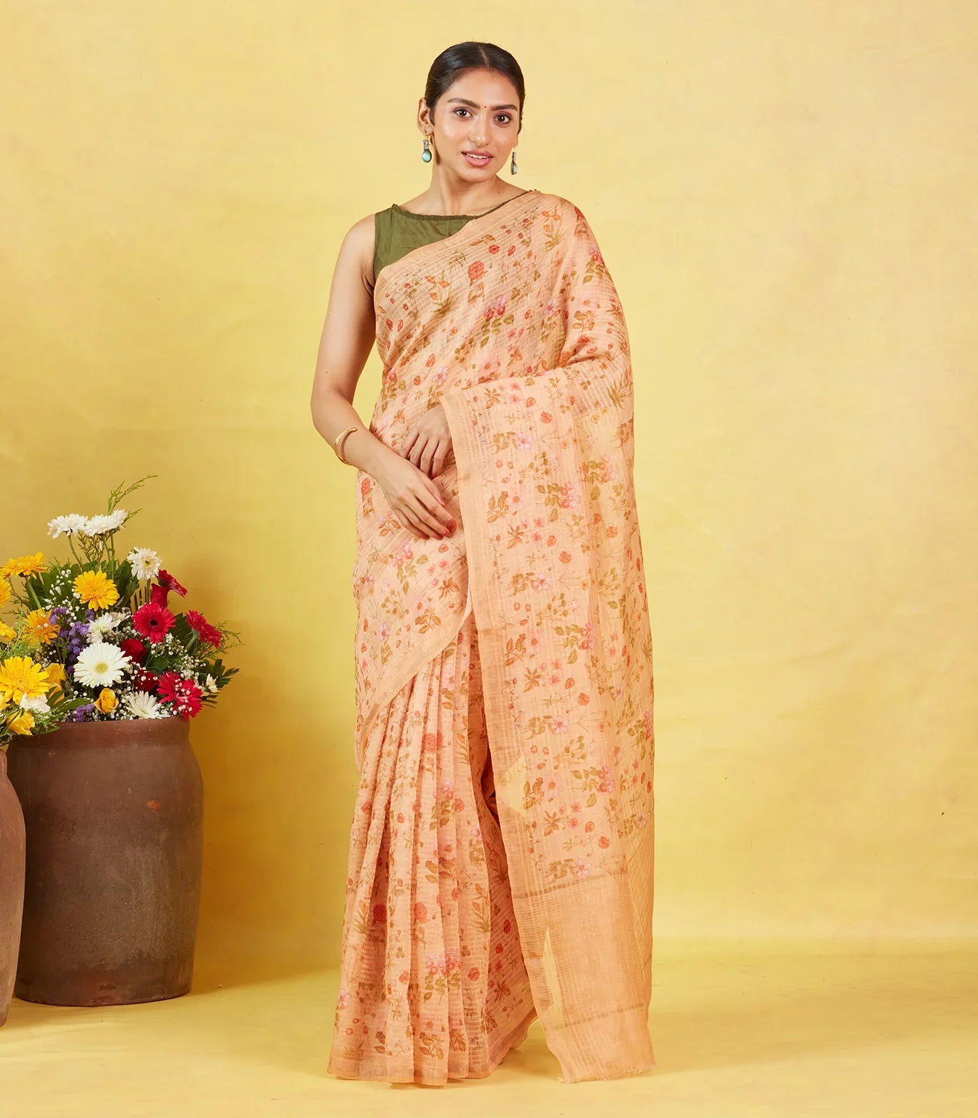 Beige Handwoven Linen Saree Printed With Floral Motifs