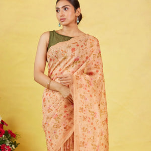 Beige Handwoven Linen Saree Printed With Floral Motifs