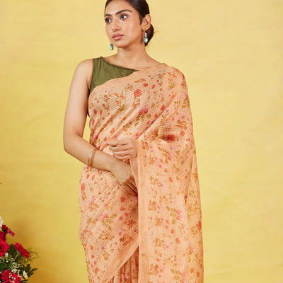 Beige Handwoven Linen Saree Printed With Floral Motifs