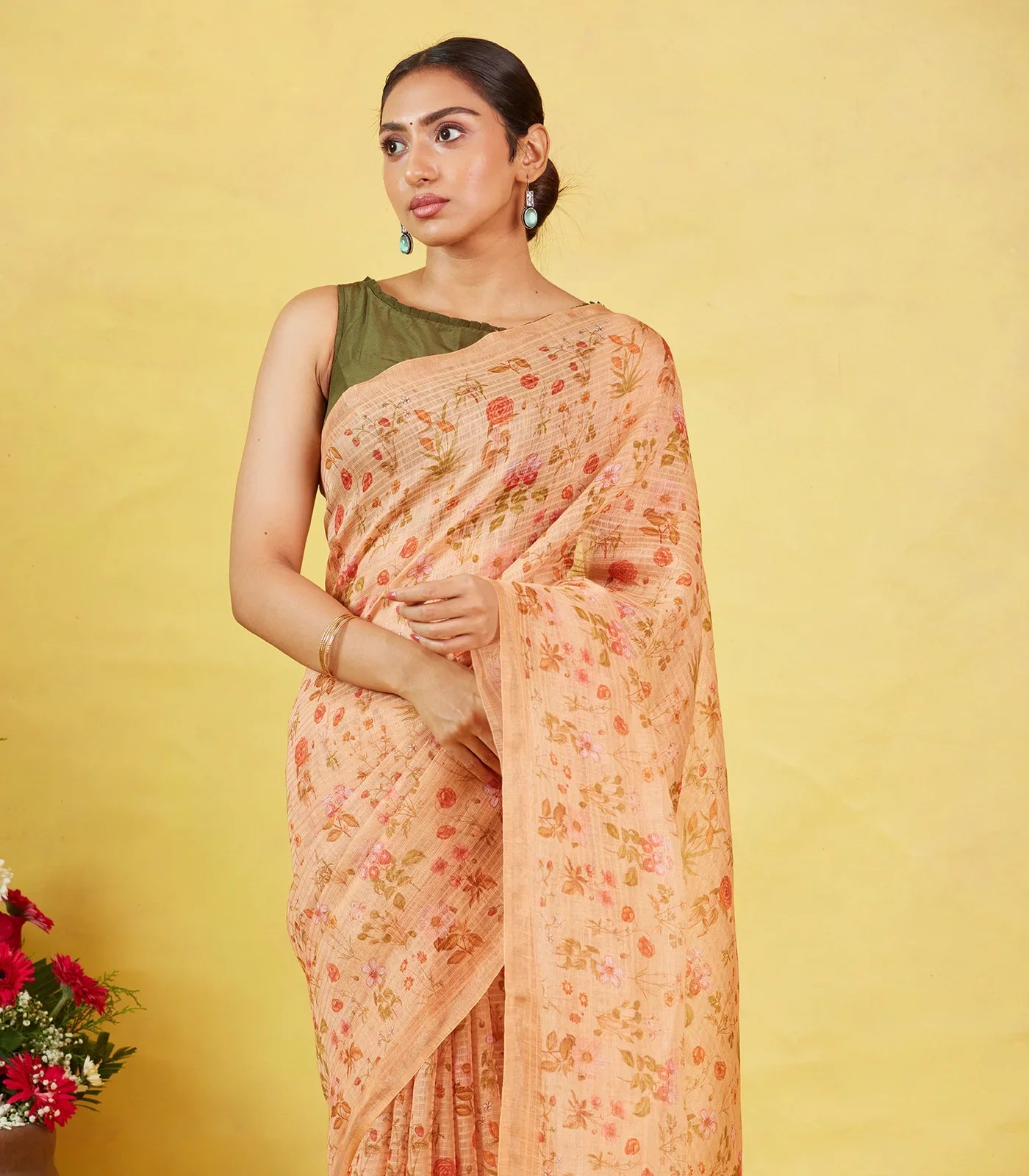 Beige Handwoven Linen Saree Printed With Floral Motifs