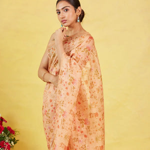 Beige Handwoven Linen Saree Printed With Floral Motifs