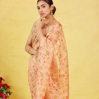 Beige Handwoven Linen Saree Printed With Floral Motifs