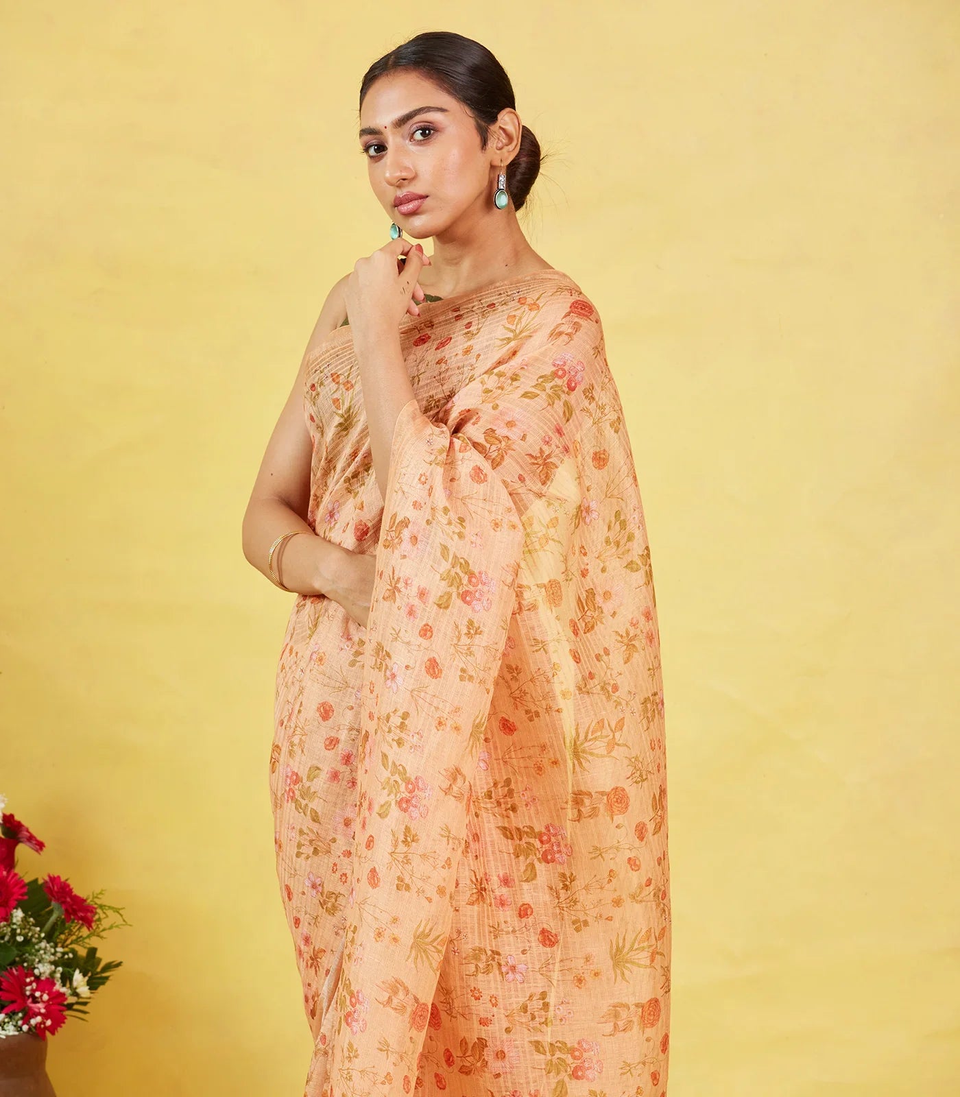 Beige Handwoven Linen Saree Printed With Floral Motifs