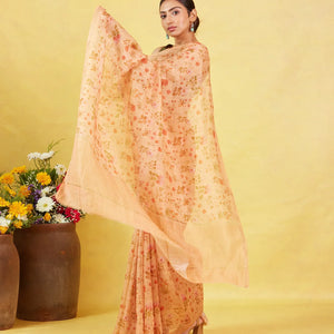 Beige Handwoven Linen Saree Printed With Floral Motifs