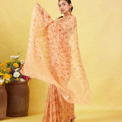 Beige Handwoven Linen Saree Printed With Floral Motifs