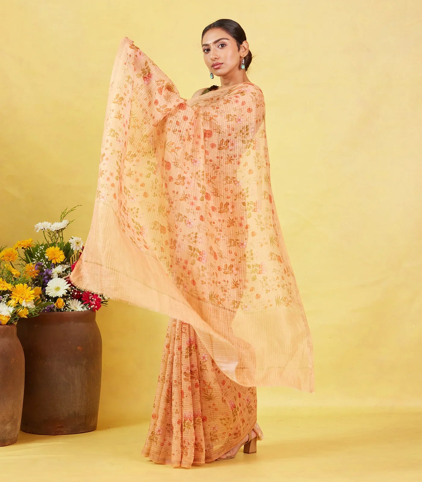 Beige Handwoven Linen Saree Printed With Floral Motifs