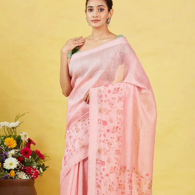 Dusty Pink Handwoven Linen Saree Printed With Floral Motifs In Border