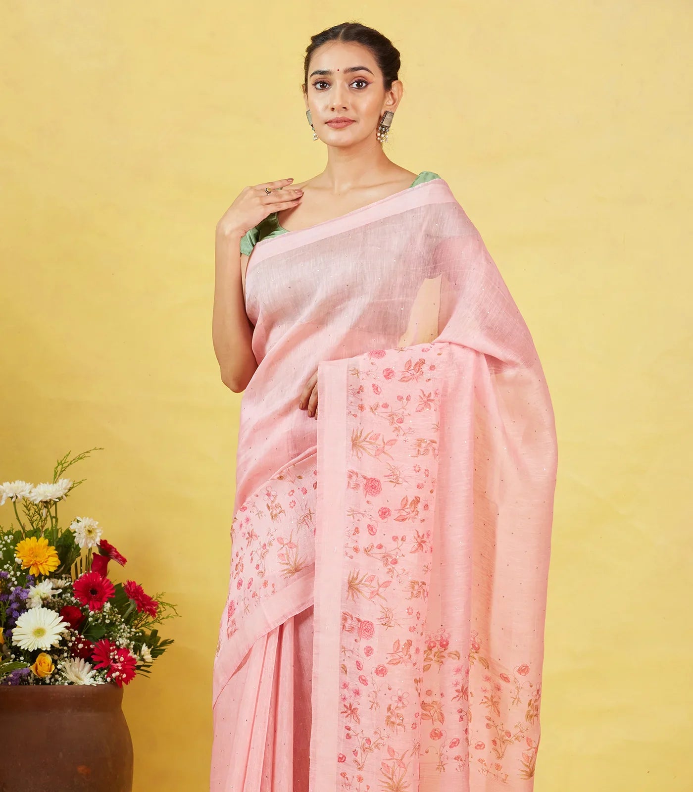 Dusty Pink Handwoven Linen Saree Printed With Floral Motifs In Border