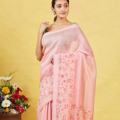 Dusty Pink Handwoven Linen Saree Printed With Floral Motifs In Border