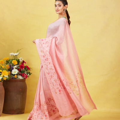 Dusty Pink Handwoven Linen Saree Printed With Floral Motifs In Border
