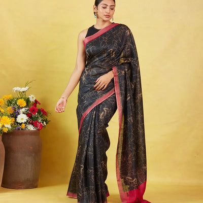 Black Handloom Tussar Silk Saree Printed With Birds Motifs