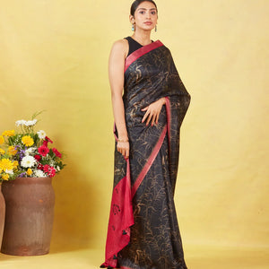 Black Handloom Tussar Silk Saree Printed With Birds Motifs
