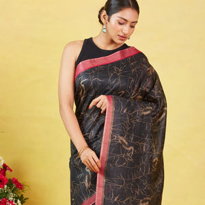 Black Handloom Tussar Silk Saree Printed With Birds Motifs
