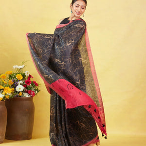 Black Handloom Tussar Silk Saree Printed With Birds Motifs