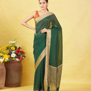 Bottle Green Mysore Crepe Silk Saree With Floral Motifs & Zari Border