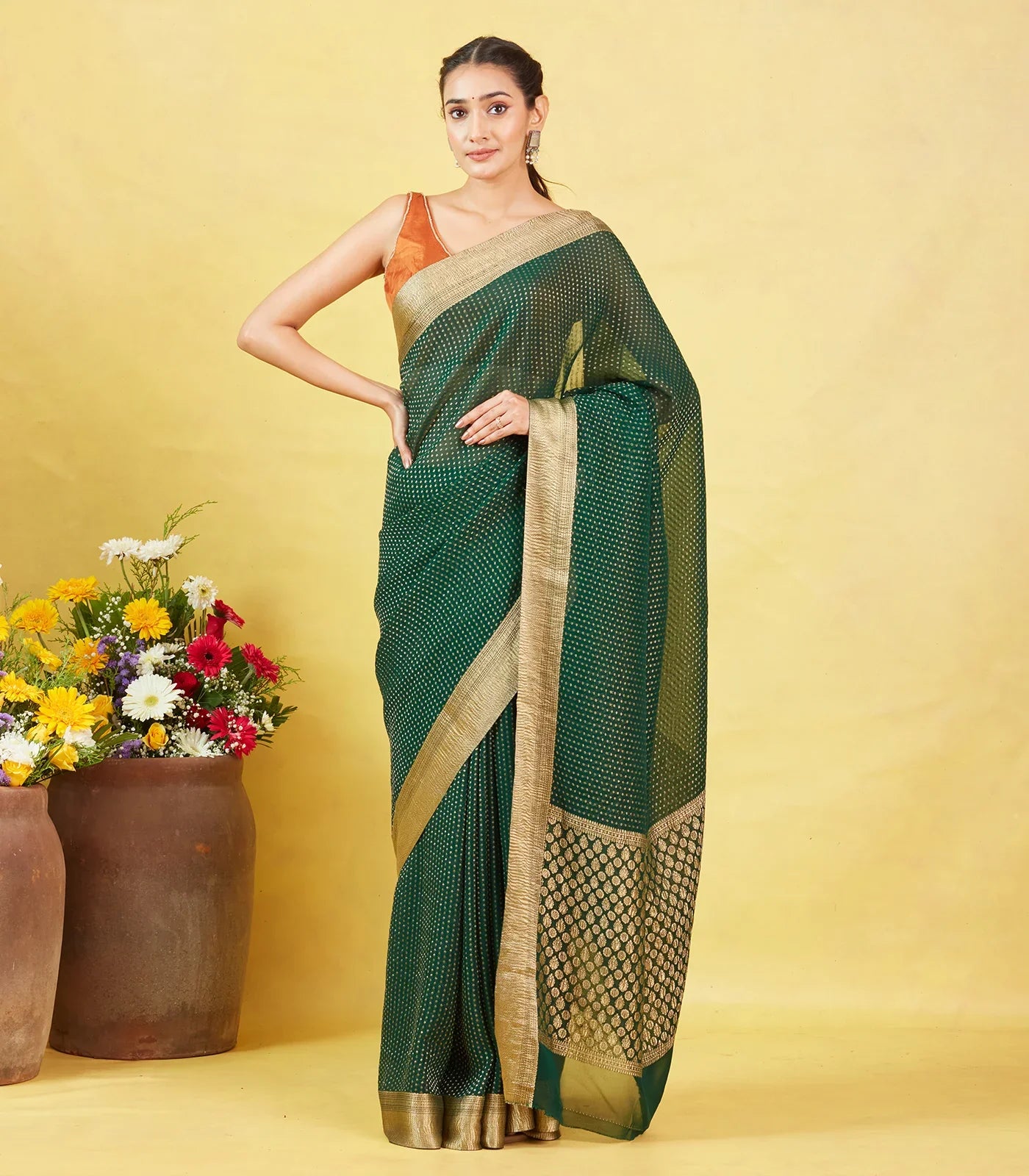Bottle Green Mysore Crepe Silk Saree With Floral Motifs & Zari Border