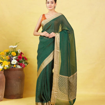 Bottle Green Mysore Crepe Silk Saree With Floral Motifs & Zari Border