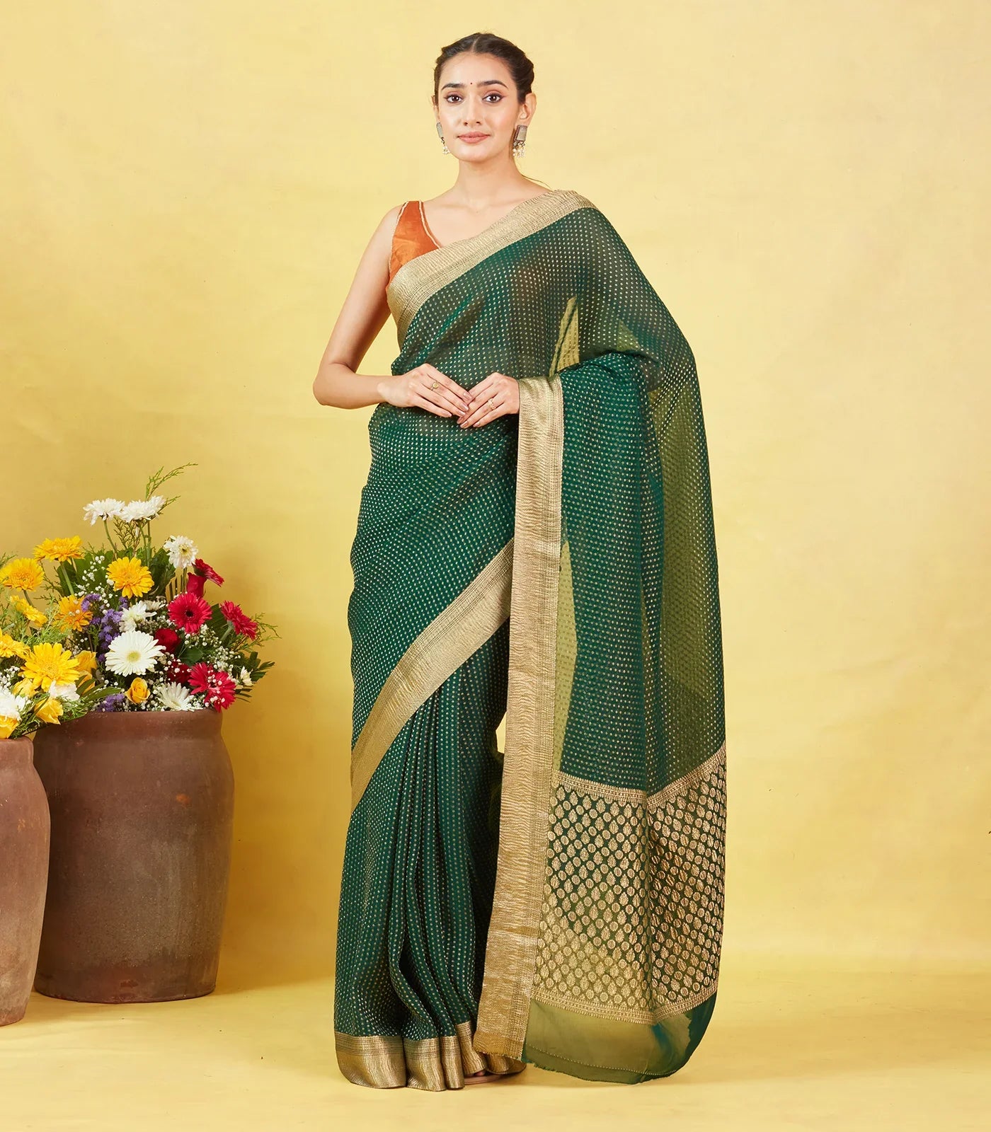 Bottle Green Mysore Crepe Silk Saree With Floral Motifs & Zari Border