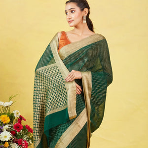 Bottle Green Mysore Crepe Silk Saree With Floral Motifs & Zari Border