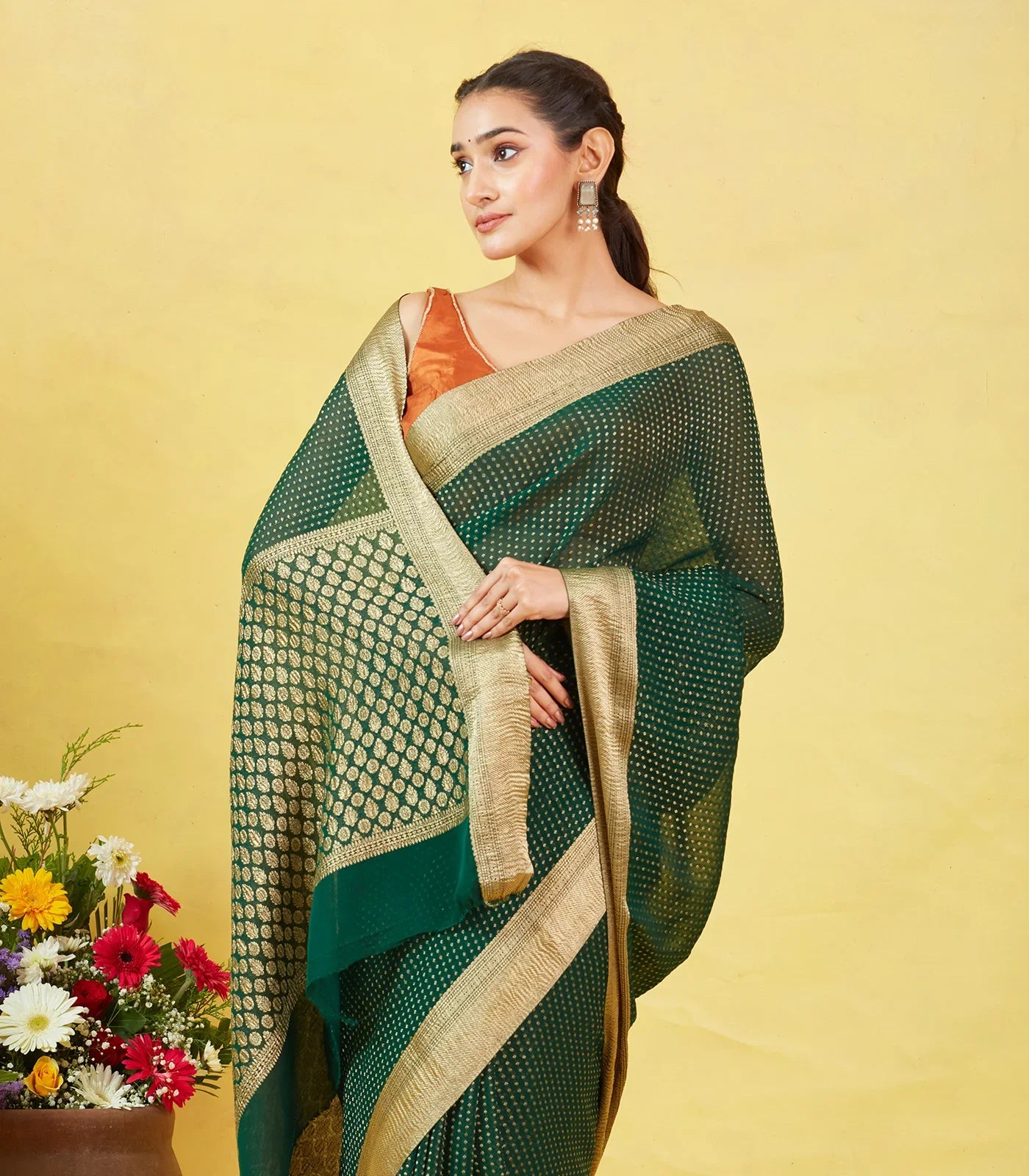 Bottle Green Mysore Crepe Silk Saree With Floral Motifs & Zari Border