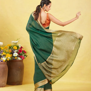Bottle Green Mysore Crepe Silk Saree With Floral Motifs & Zari Border