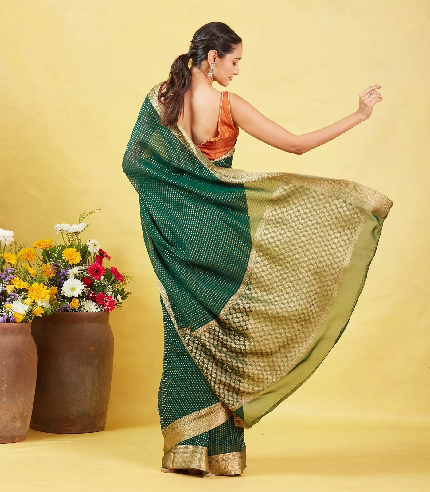 Bottle Green Mysore Crepe Silk Saree With Floral Motifs & Zari Border