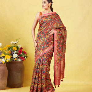 Maroon Handloom Tussar Silk Saree With Printed & Embroidered Motifs