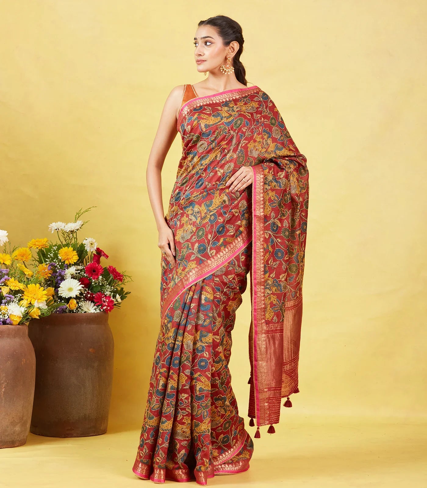 Maroon Handloom Tussar Silk Saree With Printed & Embroidered Motifs