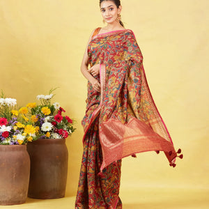 Maroon Handloom Tussar Silk Saree With Printed & Embroidered Motifs