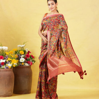 Maroon Handloom Tussar Silk Saree With Printed & Embroidered Motifs